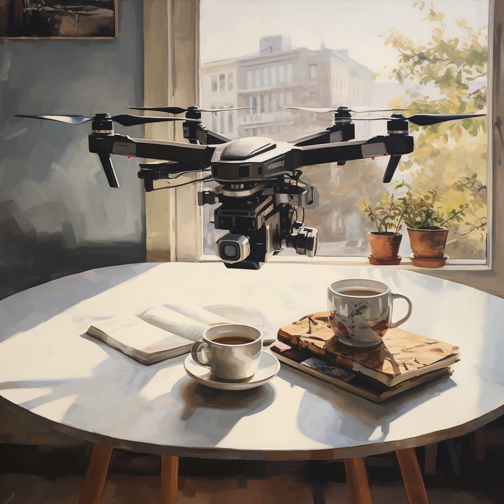 oil painting, drone mavic 3 dji delivers a coffee