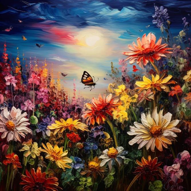 garden in spring, colorful flowers are in full bloom, and butterflies and bees are flying among the flowers, backlight photography, van gogh style, 64K, high detail