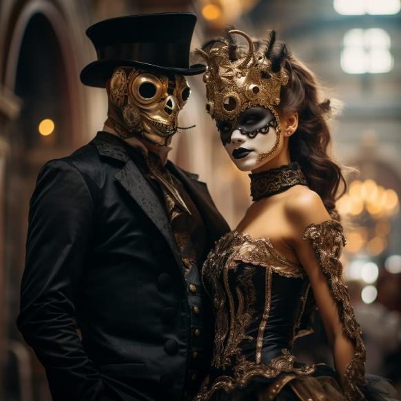 models male and female at a photo shoot in Venetian masks