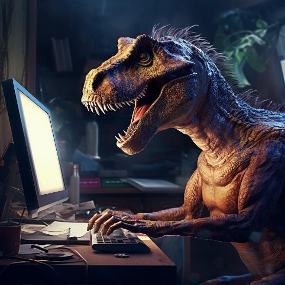 dinosaur eating a computer screen, but the screen is still readable
