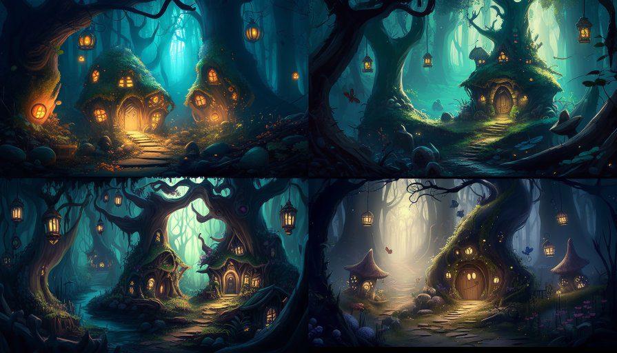 A collage of a fairy house in a forest Description automatically generated
