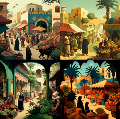 A collage of images of a street market Description automatically generated