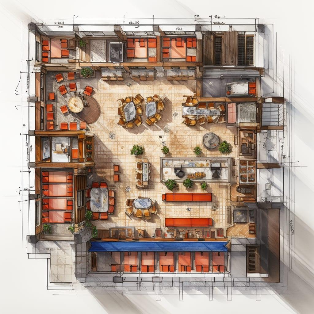 sketch of a cafe’s architectural floor plan