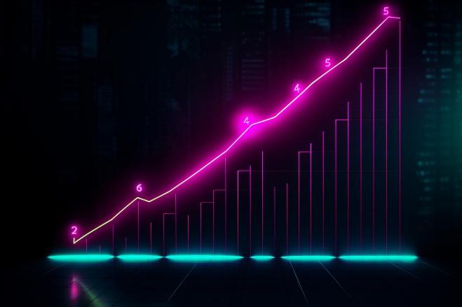 business growth chart with an arrow moving upward with neon background --ar 3:2 