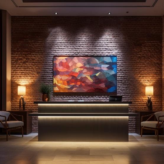 hotel reception brick backwall artwork display with special lighting