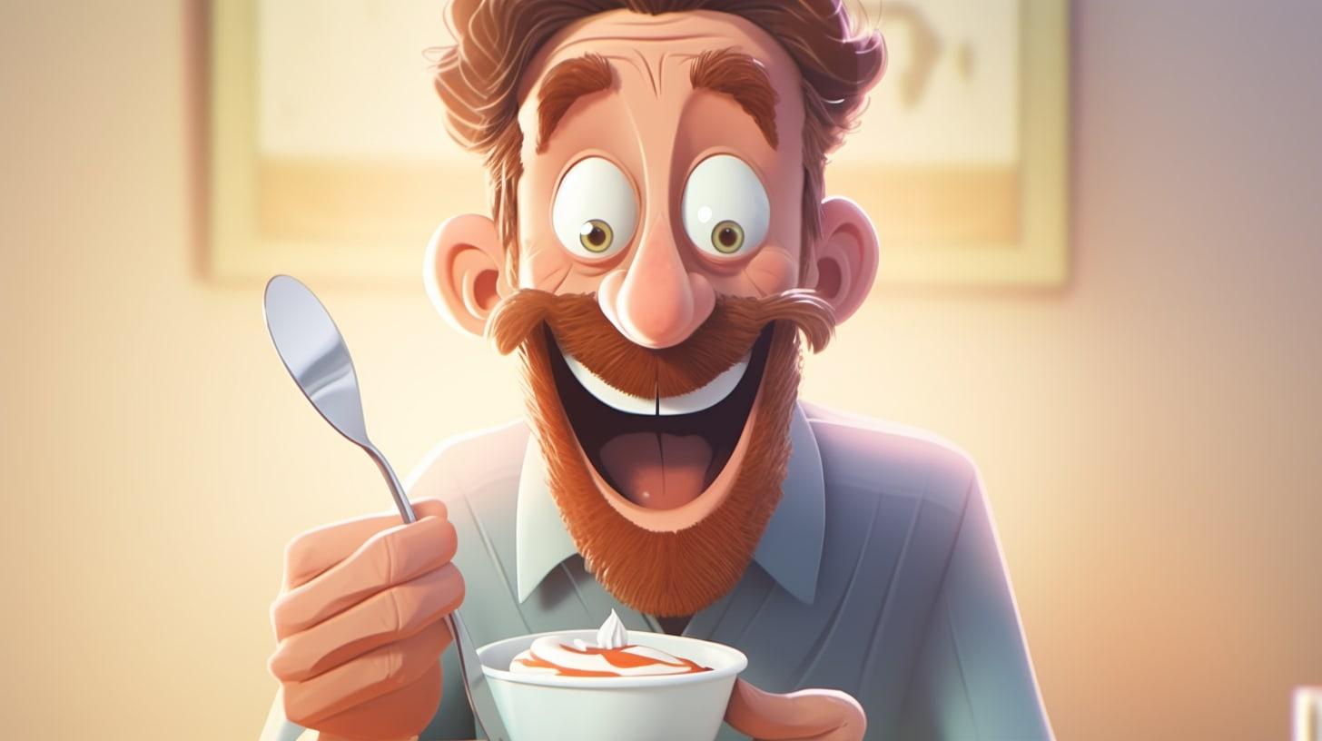 middle-aged man eating a healthy parfait and yogurt. cartoon. 4k, v 4, --ar 16:9