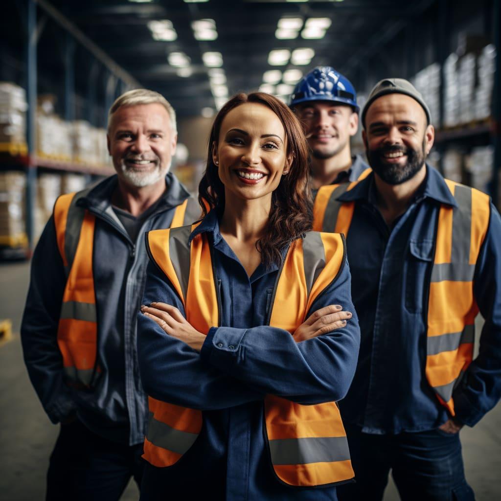 smiling group of workers wearing a hard hats and is standing in a warehouse, in the style of object portraiture specialist, zuckerpunk, youthful energy, smilecore, meyer optik trioplan 100mm f/2.8