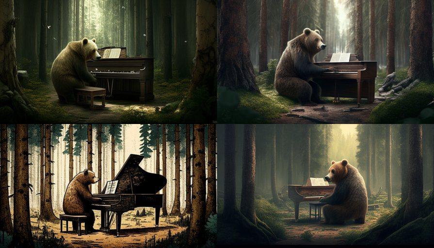 bear in woods playing piano