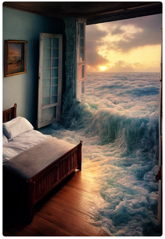 A bedroom with a view of the ocean Description automatically generated