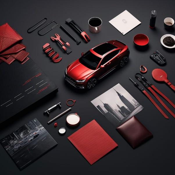 car rental branding flatlay black and red tones