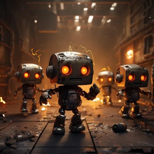  little robots dancing, futuristic, 3d, dark, cyberpunk